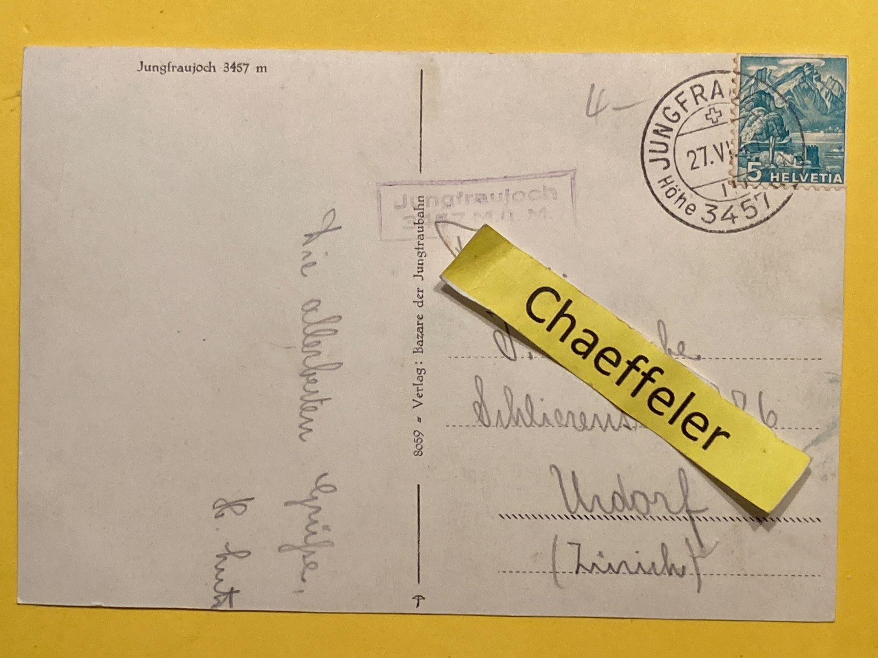 Cartoline postali: 1947vJungfraujoch 3457 m – Usato da Zürich venduto da Chaeffeler 1