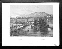 1877 Stich Gravure GENÈVE Pont du Mont-Blanc & ille Rousseau