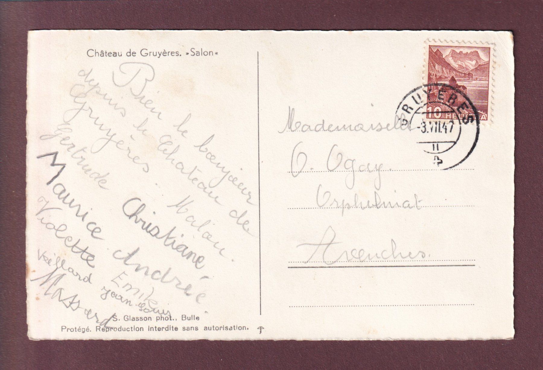 Cartoline postali: Château de GRUYERES - Salon - 1947 – Usato da Pully venduto da nicecards 1