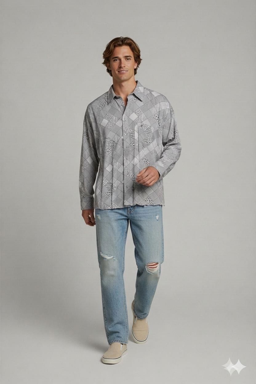 Hemden: Point of City Grau Gemustertes Button-Down Hemd - Langarm – Neu (gemäss Beschreibung) aus Zug von vinokilo
