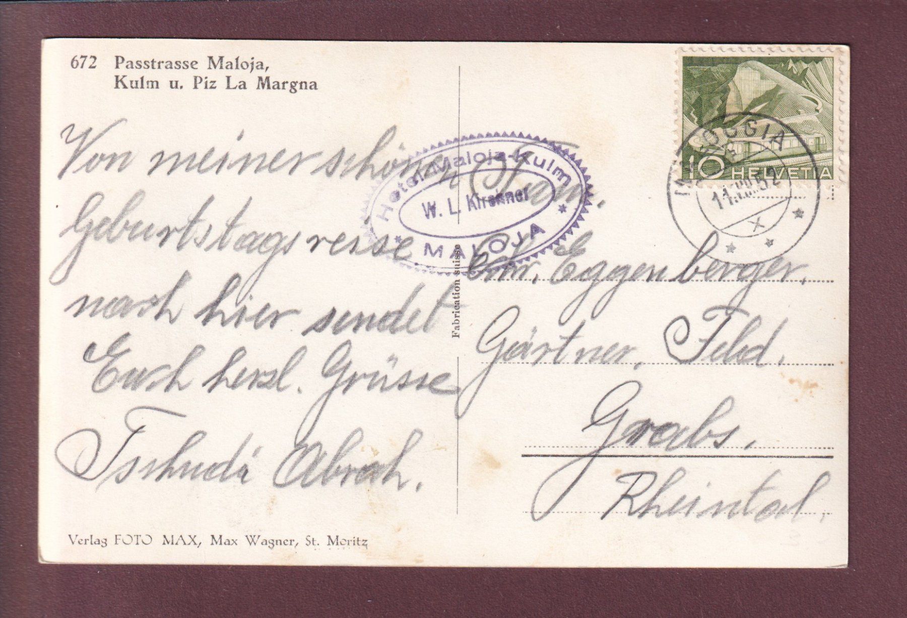 Cartoline postali: Passtrasse MALOJA - 1952 Hotel Stempel – Usato da Pully venduto da nicecards 1