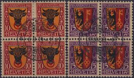 1918, J10+J11 Viererblöcke (URI+GENF) Kat: 770.- von BASEL +