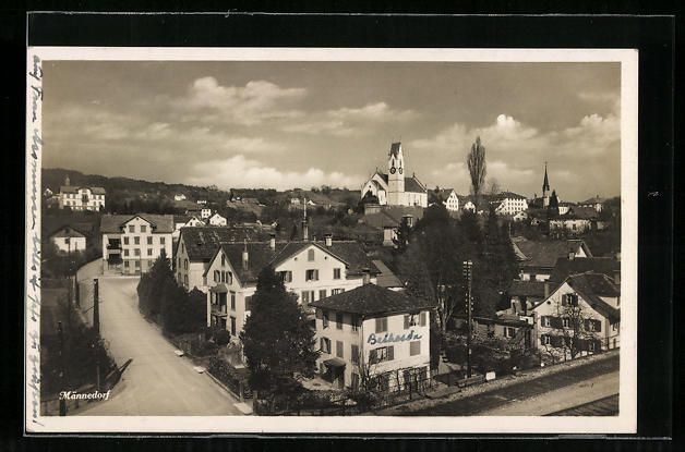 Cartoline postali: AK Männedorf, Teilansicht mit Kirche – Usato da Berlin venduto da bartko-reher