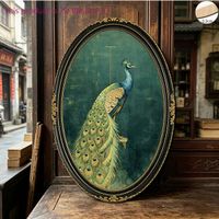 Elegantes 2D Holz-Wandbild "Pfau" (Oval)