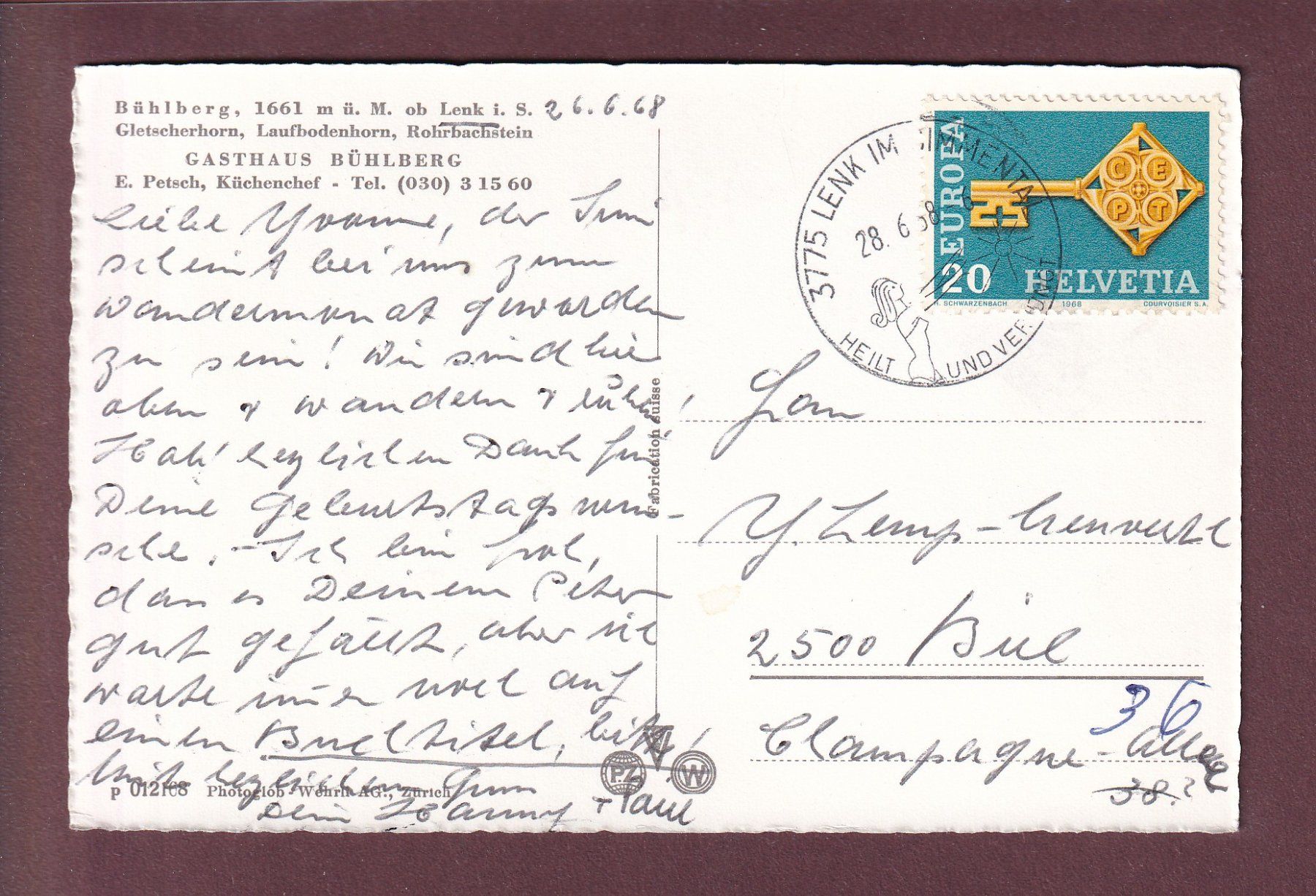 Cartoline postali: Gasthaus BÜHLBERG ob Lenk - 1968 – Usato da Pully venduto da nicecards 1