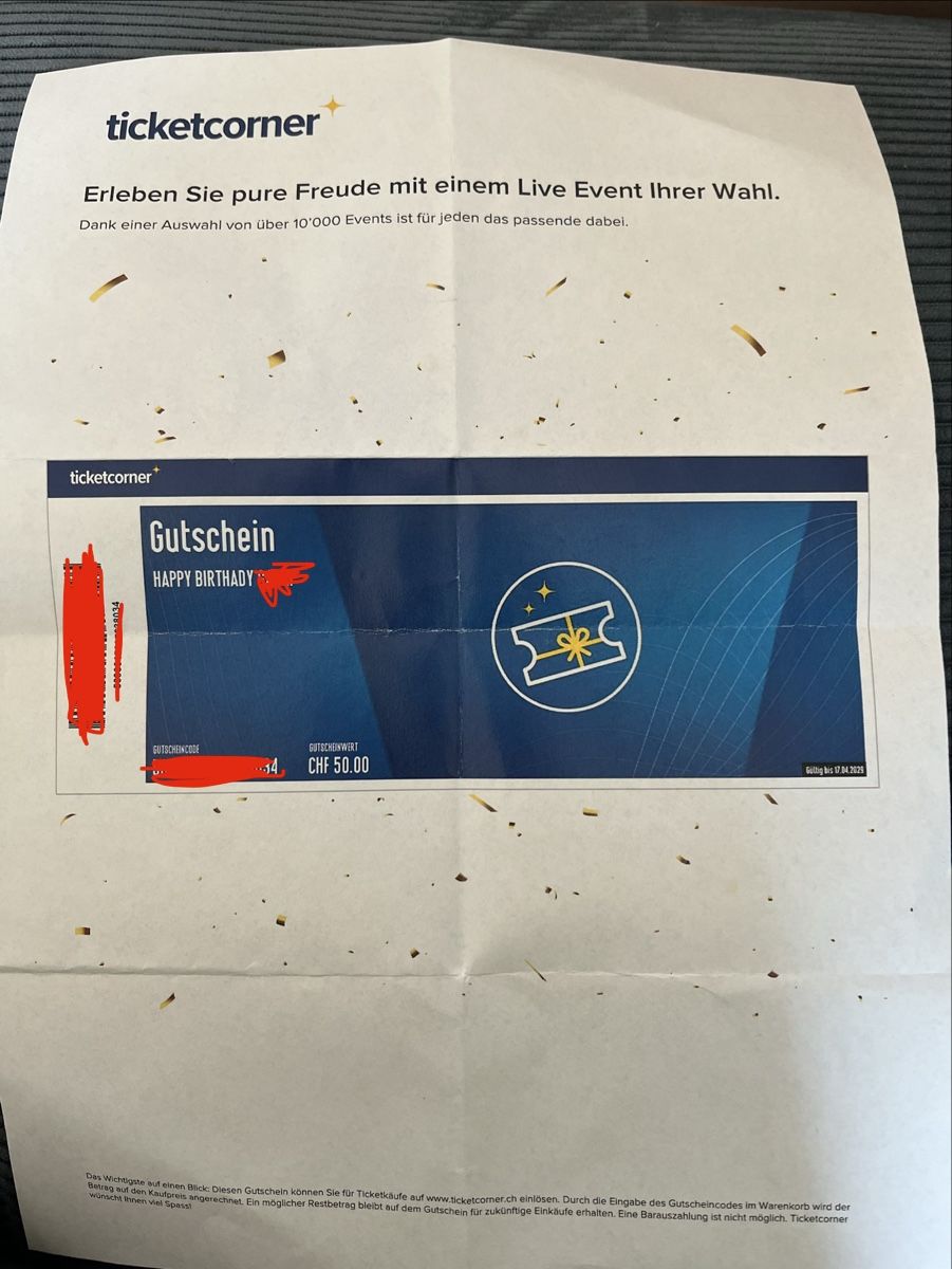 Ticketcorner Gutscheine: Ticketcorner-Gutschein im Wert von CHF 50.- – Neu und originalverpackt aus Winterthur von Fourseasons