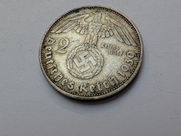 🇩🇪 Third Reich: 2 Reichsmark 1939 D Hindenburg. Silver