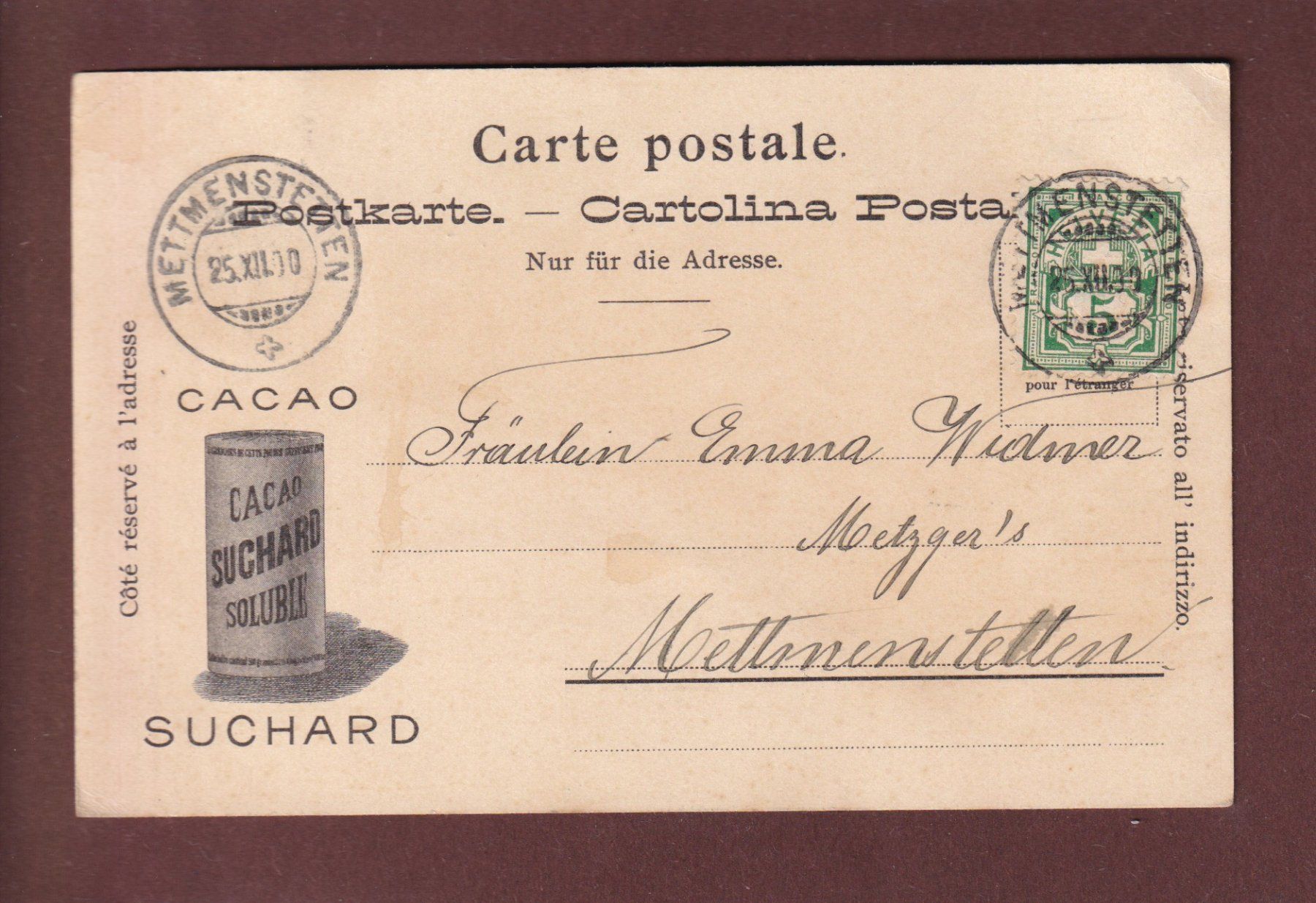 Cartoline postali: NEUCHÂTEL - Cacao Suchard - 1900 // pli d'angle // – Usato da Pully venduto da nicecards 1