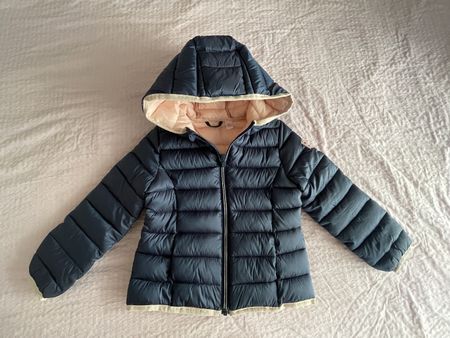 Mädchen gepolsterte Jacke Blau mit Kapuze, Größe 104