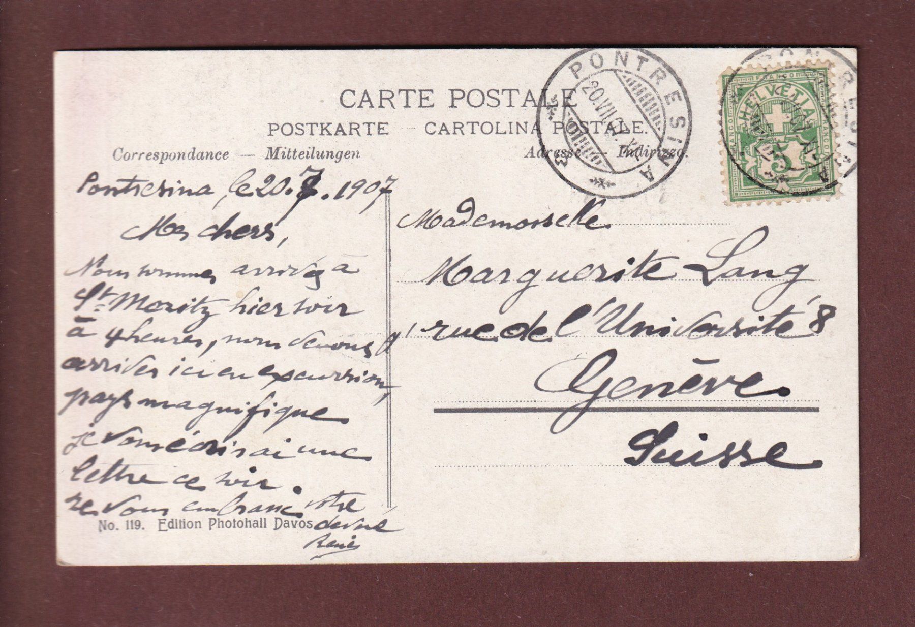 Cartoline postali: PONTRESINA - 1907 – Usato da Pully venduto da nicecards 1