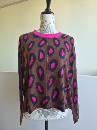 Damen Pullover braun pink mit Leopardenmuster Gr. 36