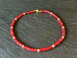 Red Coral & White Pearl Necklace - Gold Plated Silver