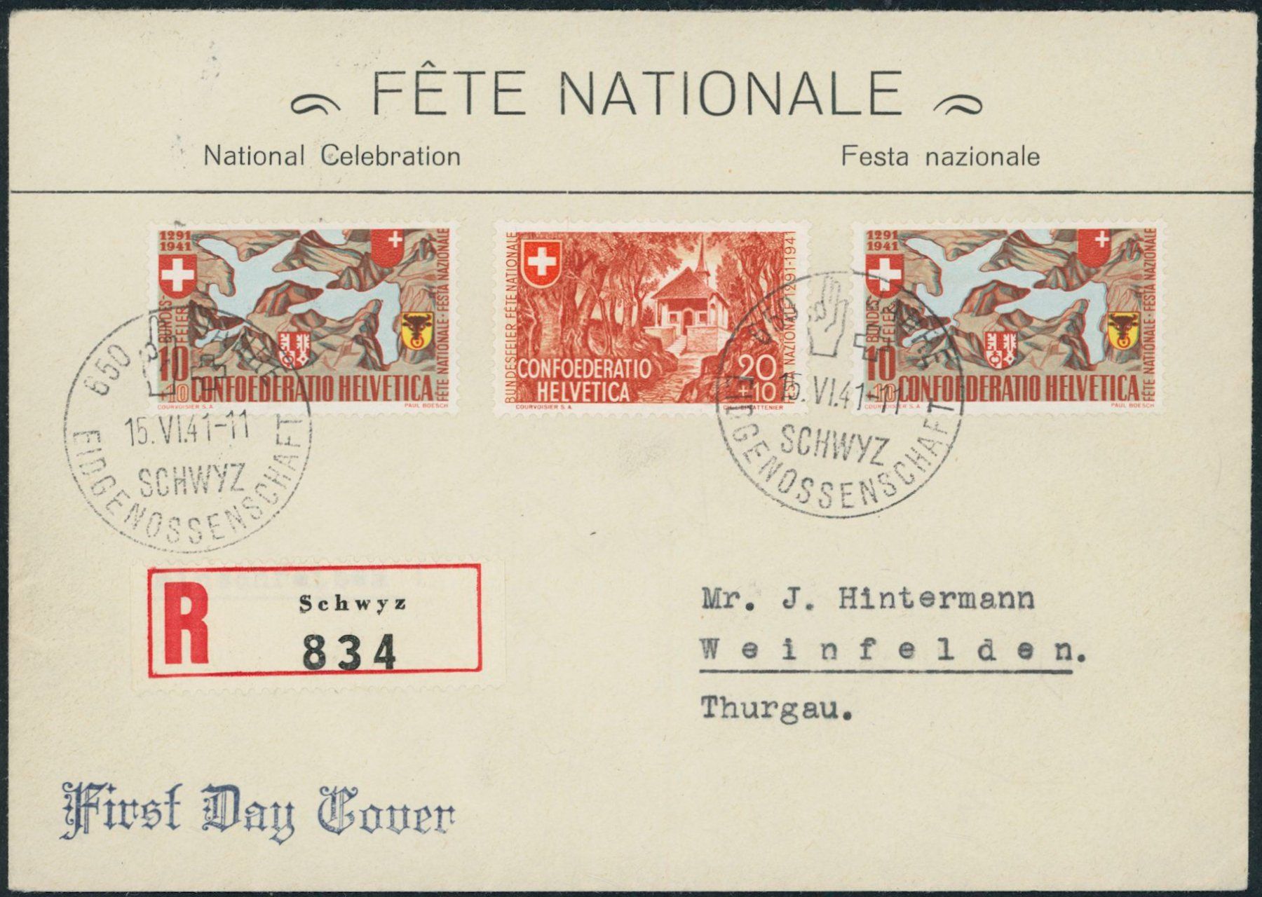 Tutti i francobolli: 1941 - Pro Patria - Ersttagsbrief FDC ET – Usato da Schindellegi venduto da leecollect