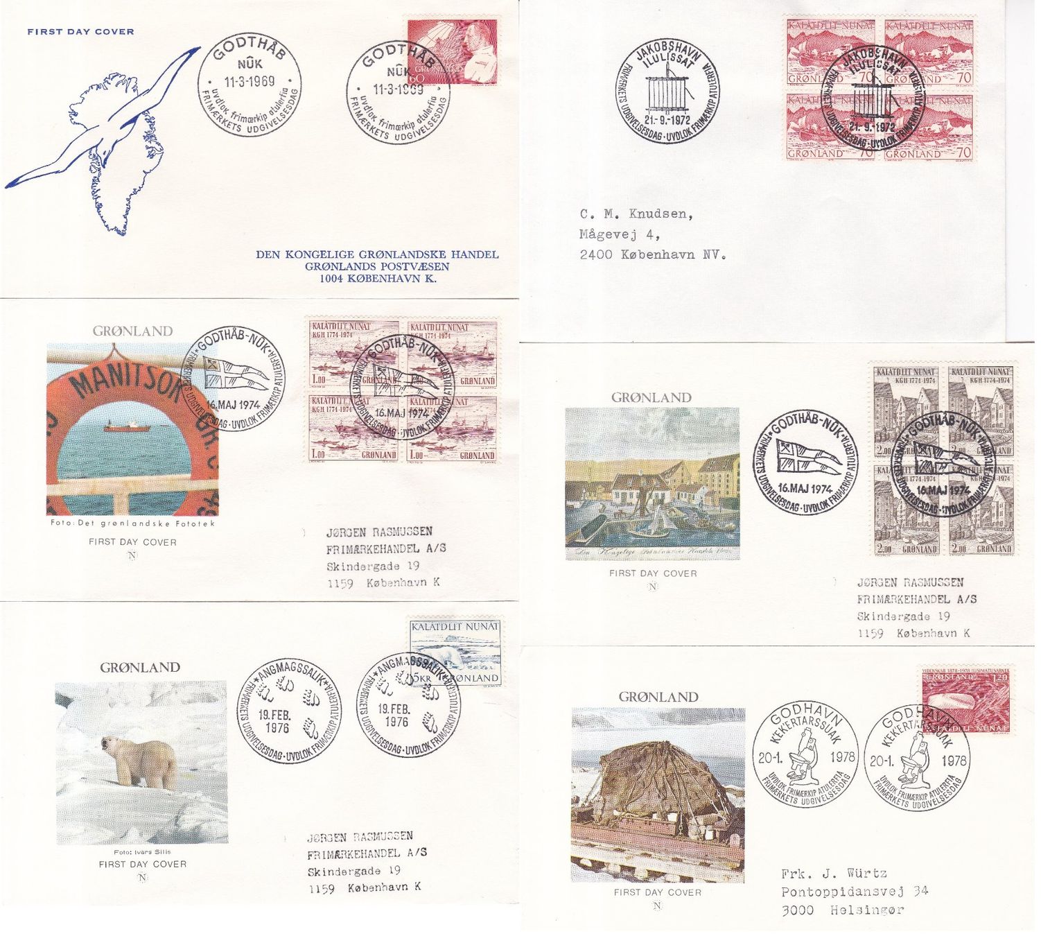Tutti i francobolli: 56 Stk. FDCs, DK "Färöer, Grönland" ab 1969 – Usato da Münchwilen AG venduto da Nesar