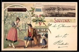 Lithographie Zug, Reklame für Chocolat Suchard, Liebespaar i
