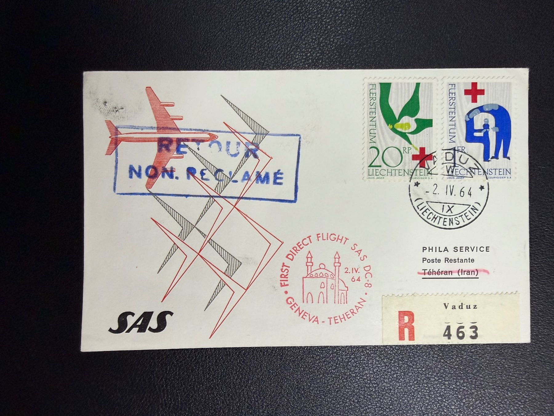 Tutti i francobolli: SAS Erstflugbrief Genf - Teheran ab FL 1964 – Usato da oberrüti venduto da jeanmei