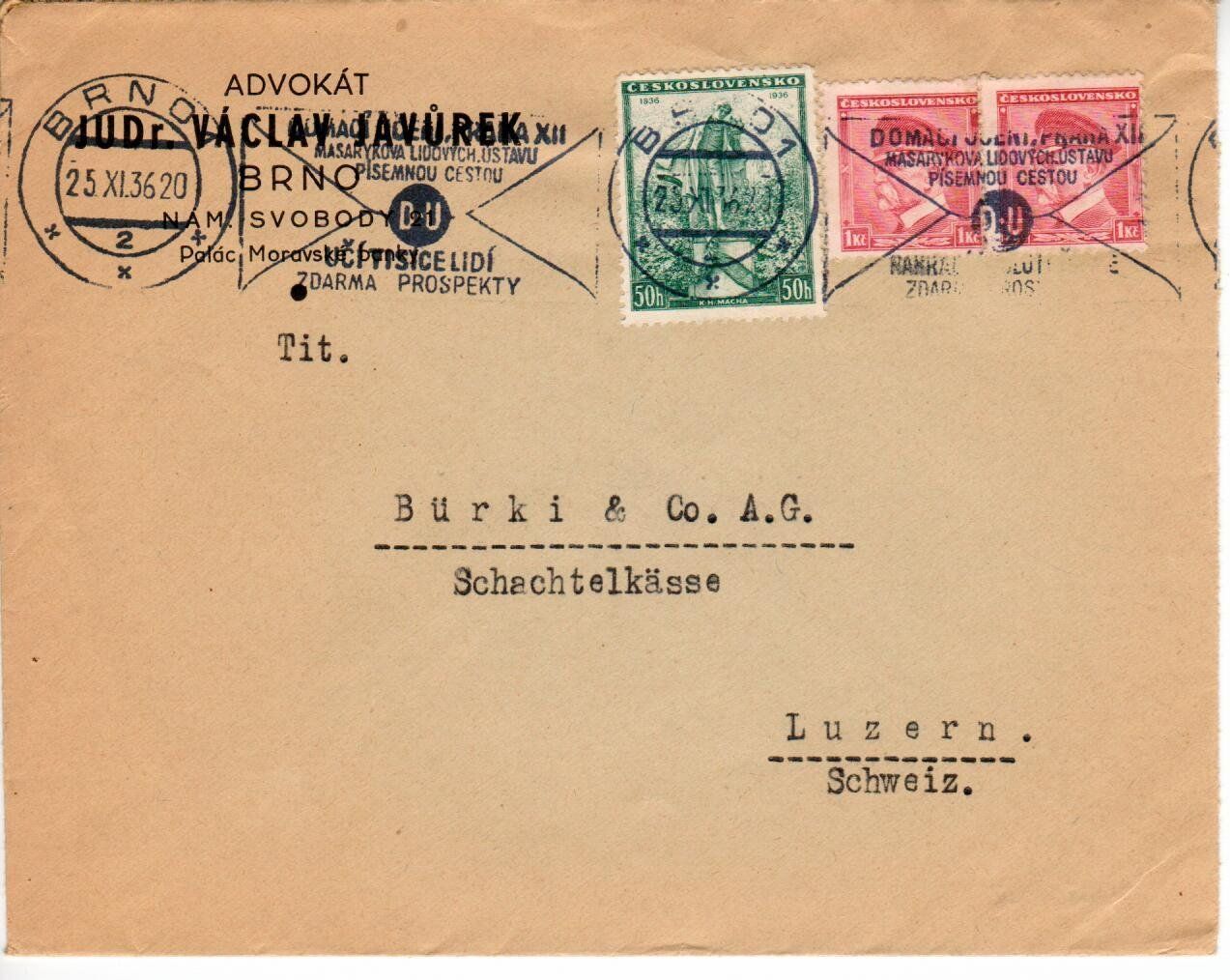 Tutti i francobolli: Brief, Tschechoslowakei - Luzern 1936 – Usato da Wolhusen venduto da Curver9