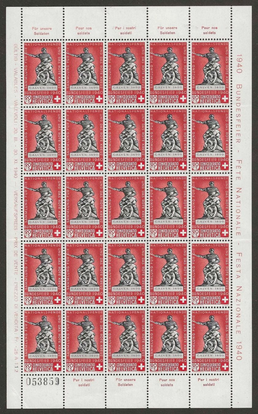 Tutti i francobolli: 1940 : Pro Patria Nr. B5 im Bogen, postfrisch ** – Nuovo (secondo la descrizione) da Gümligen venduto da Geniusbuy