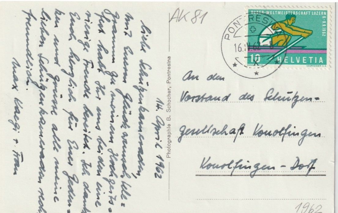Cartoline postali: AB 81 Sta. Maria mit Piz Palü, 1962 – Usato da Freienbach venduto da Bhaltis 1