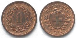 Schweiz EIDGENOSSENSCHAFT 1 Rappen 1915 Bronze ERHALTUNG unz