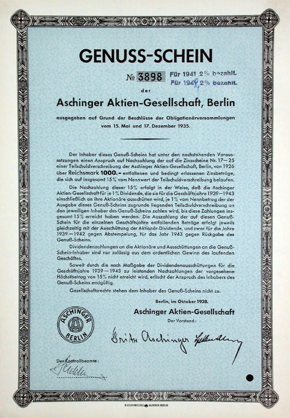 Documenti: Aschinger AG, Berlin - 1938 – Usato da Solothurn venduto da Sgasche