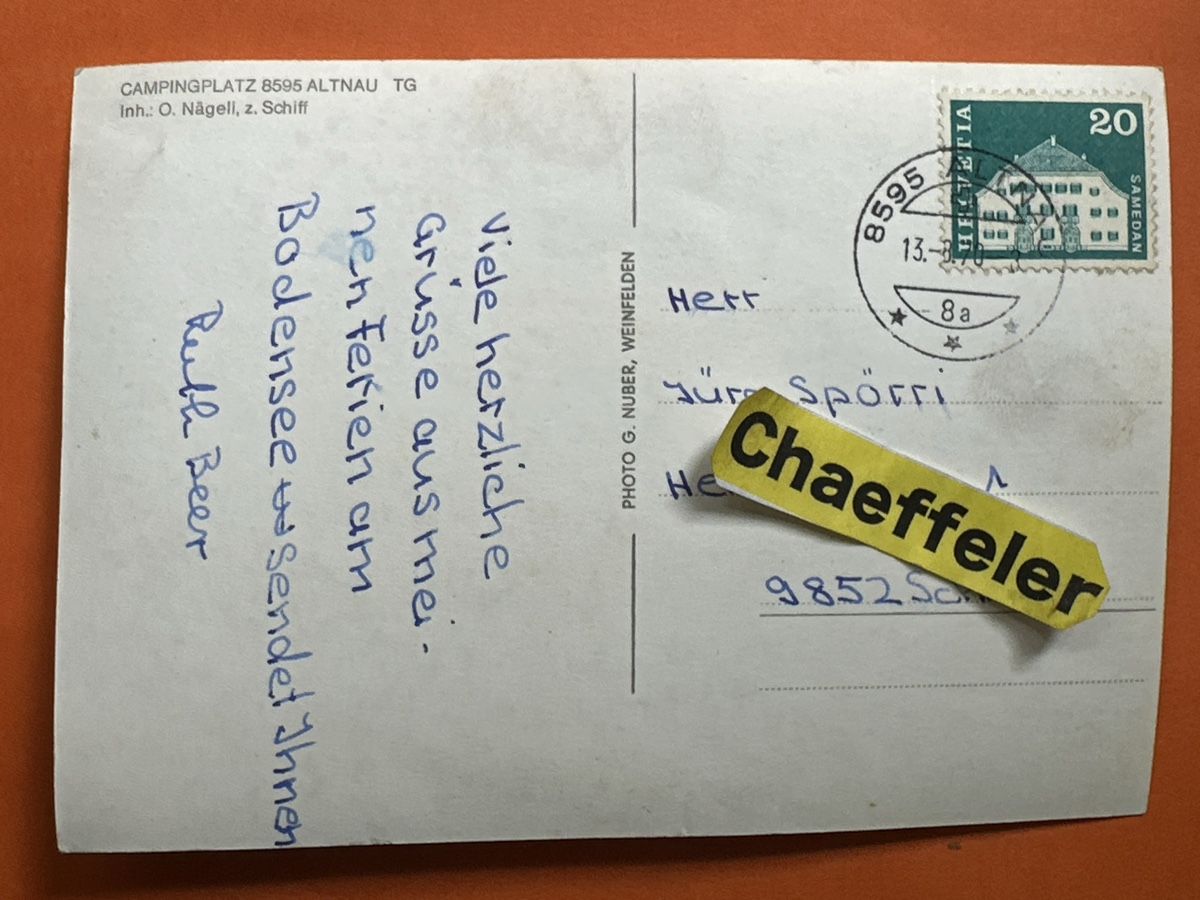 Cartoline postali: 1970  Campingplatz Altnau Bodensee Sommergruss – Usato da Zürich venduto da Chaeffeler 1