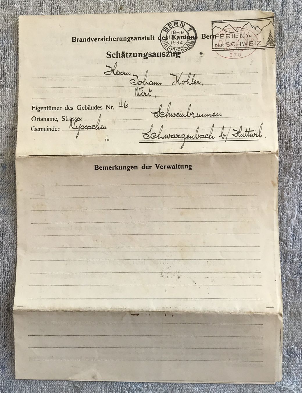 Documenti: BRANDVERSICHERUNG 1934 – Usato da Ostermundigen venduto da wini63