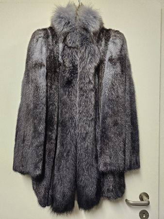 Manteau Vintage/Vison Véritable Gris Argenté/Col Renard/T:40