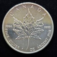 1 Unze Silber Kanada Maple Leaf 5$, 999/1000 Silber, 1990