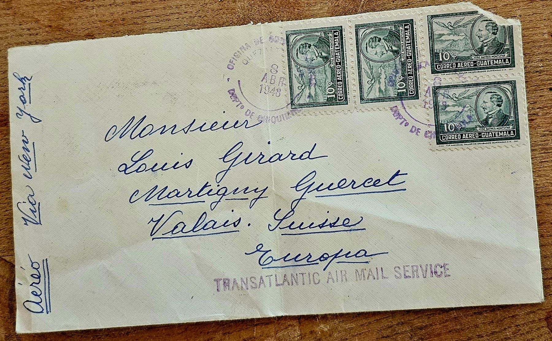 Tutti i francobolli: GUATEMALA Brief nach Martigny, 1948 – Usato da Les Valettes venduto da Nuba1