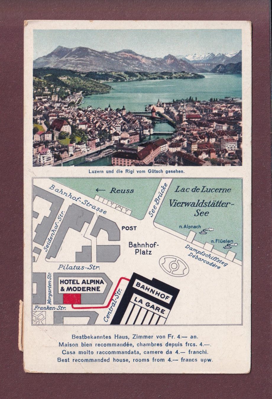 Cartoline postali: LUZERN - Hotel Alpina und Moderne - 1927 // Eckbug // – Usato da Pully venduto da nicecards