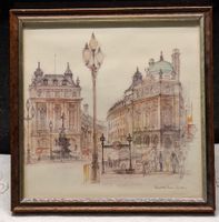 Piccadilly Circus, London, Aquarell, gerahmt, Vintage 48