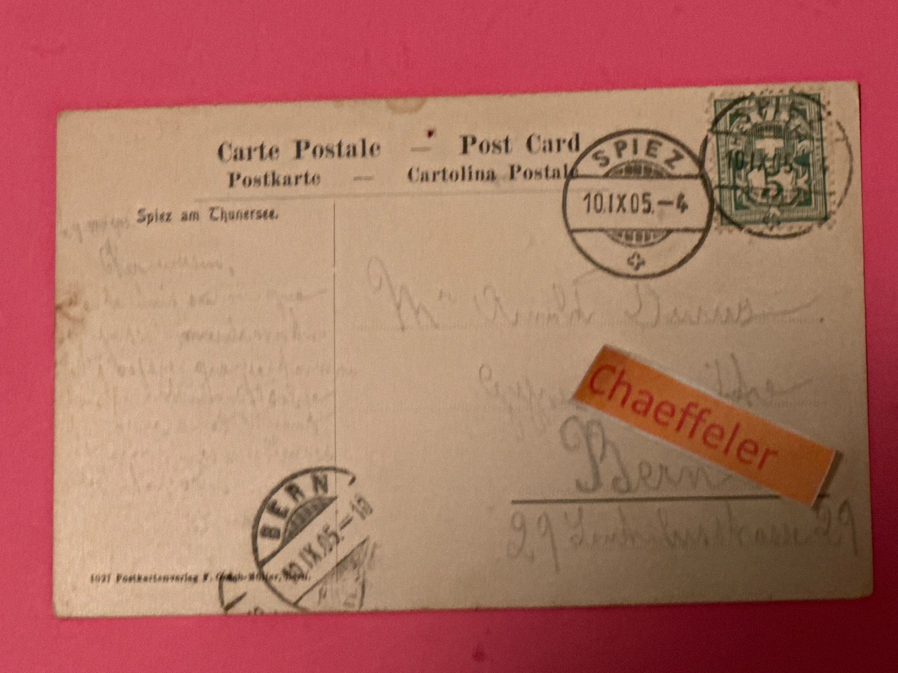 Cartes postales: 1905 Spiez – Défectueux à Zürich par Chaeffeler 1