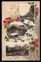 Passepartout-AK Kandersteg, Chalet, Brücke und Ortsansicht a