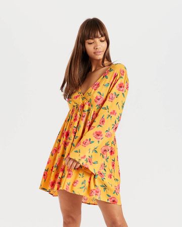 Robe jaune à fleurs, manches longues, taille S, Billabong