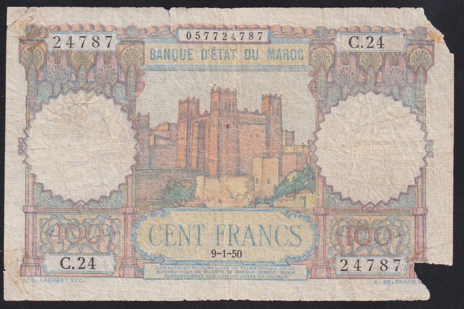 Banconote: Marokko 100 Francs 1950 – Difettoso da Brugg AG venduto da banknoten_muesli