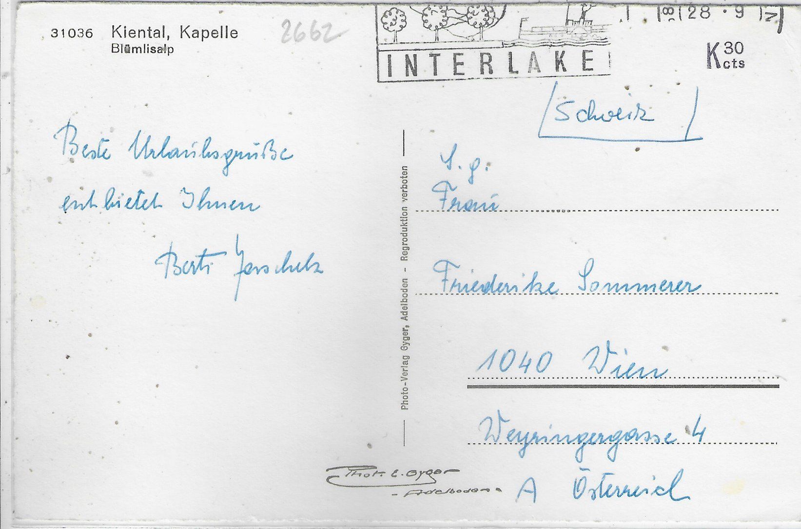 Ansichtskarten: Kiental - Kapelle - Photo: E. Gyger – Gebraucht aus Ettingen von Kartenplanet 1