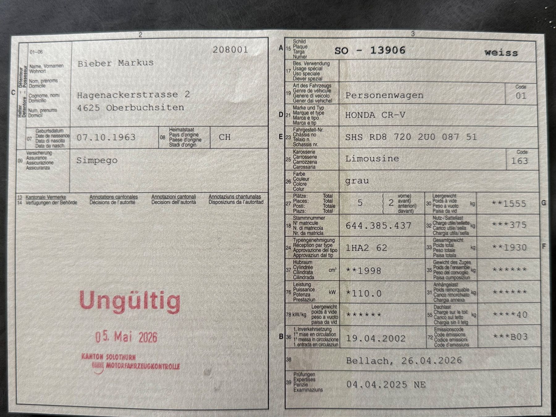 Honda Automobili: Honda CRV RD8 4x4 ab CHF1.- – Difettoso da Oberbuchsiten venduto da mar_tbv2 9