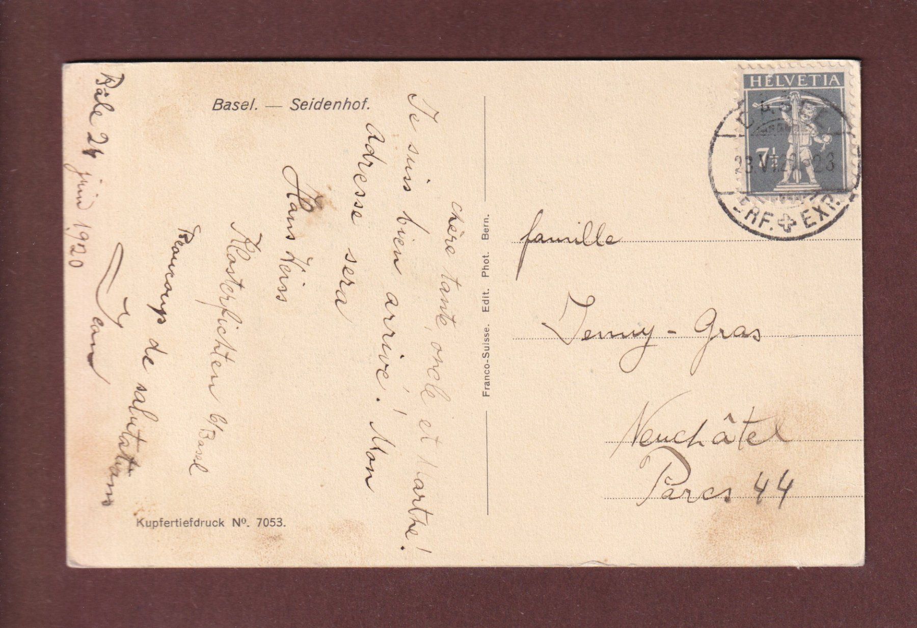 Ansichtskarten: BASEL - Seidenhof - 1920 – Gebraucht aus Pully von nicecards-shop 1
