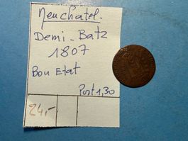 NEUCHATEL : 1/2 BATZ 1807 - bon état