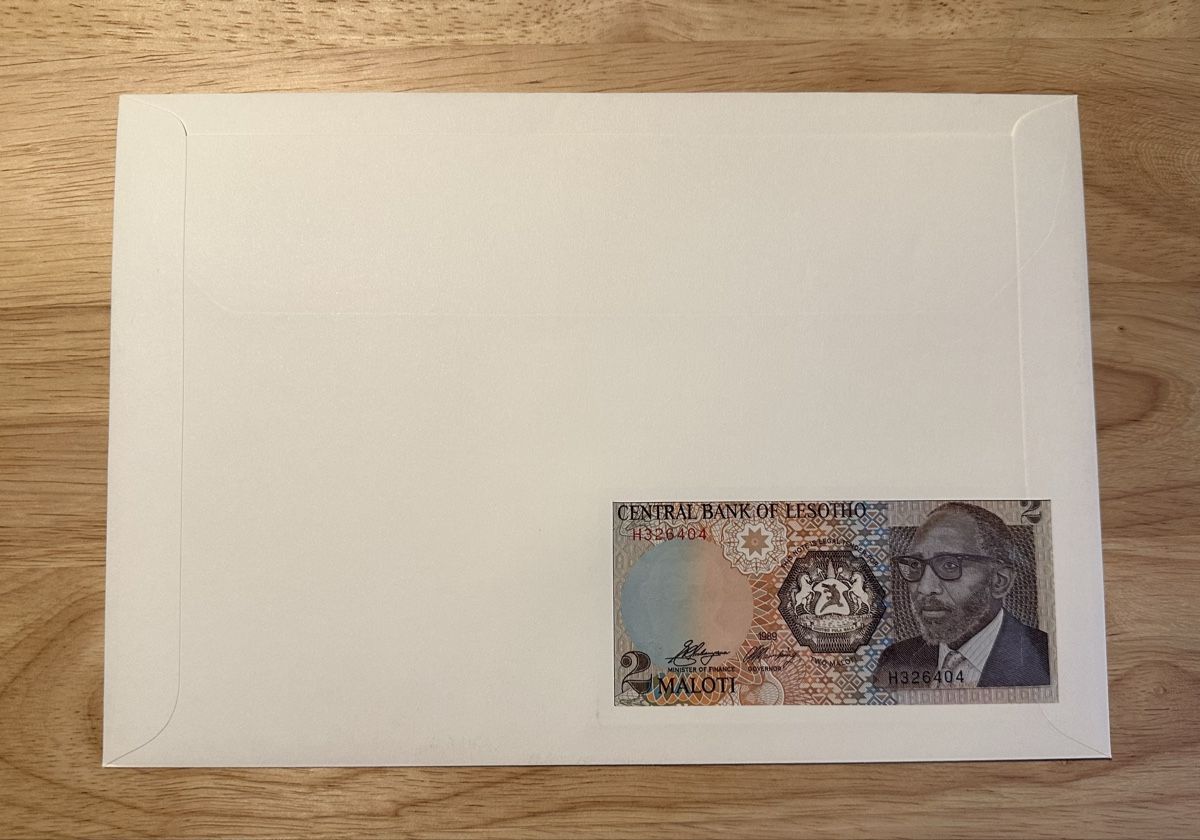 Banconote: Banknoten Brief aus Lesotho 2 Maloti – Nuovo e nell'imballaggio originale da Oberbüren venduto da dreikapuziner 1