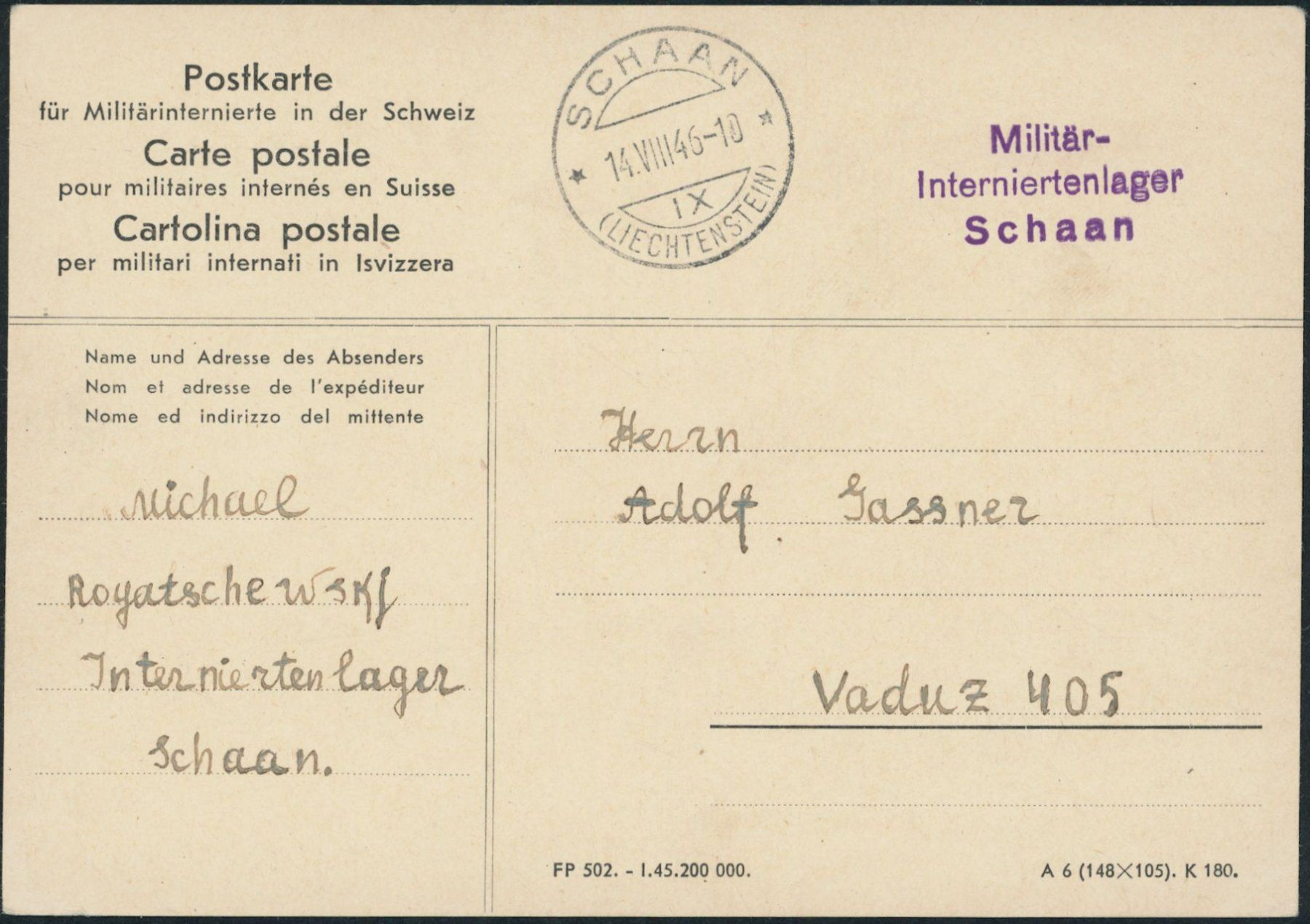 Alle Briefmarken: FL - 1946 - Schaan - Internierten - Postkarte – Gebraucht aus Schindellegi von leecollect