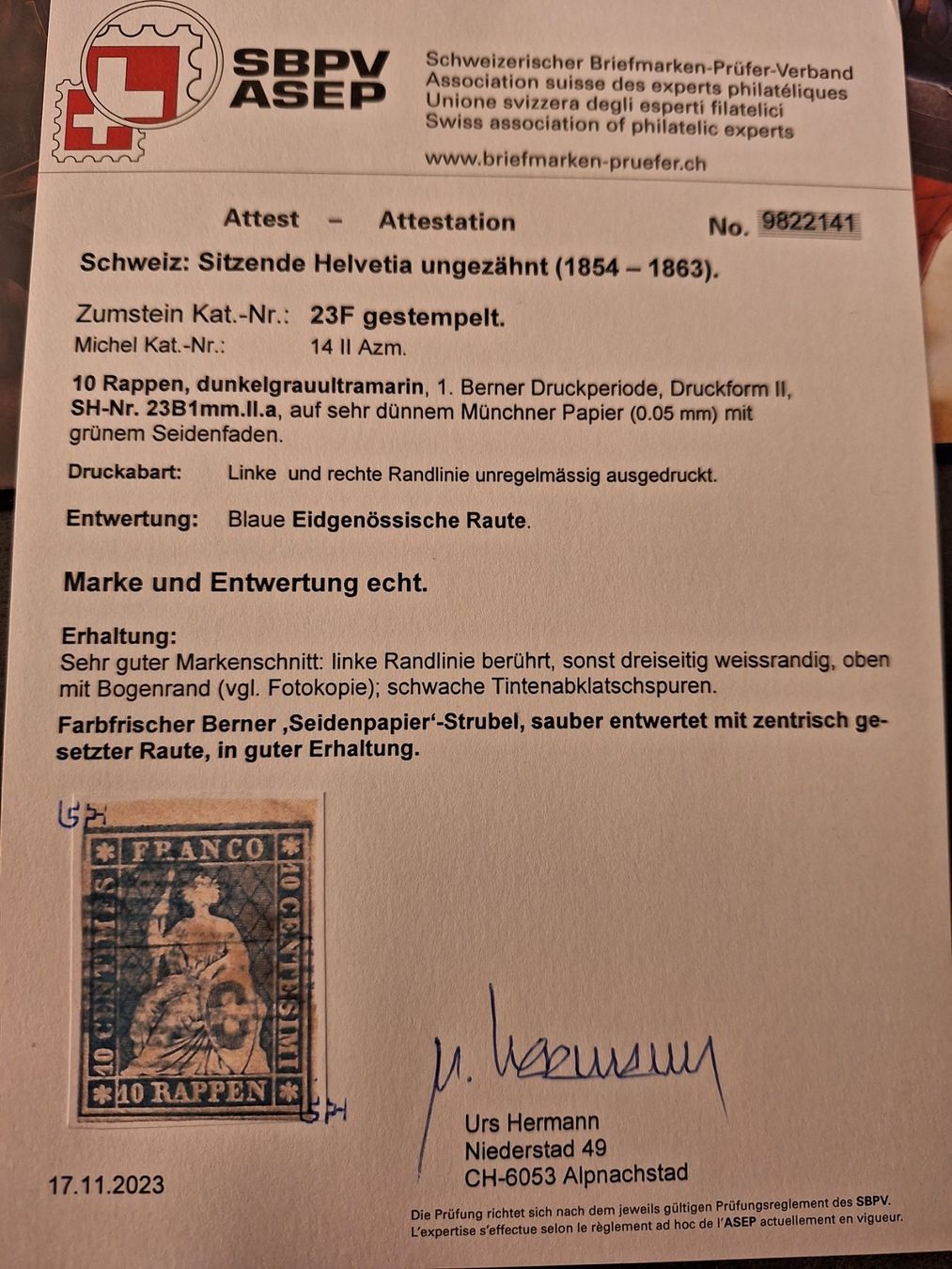 Alle Briefmarken: Strubel 23F mit Gross Attest Kat. 1300.- – Gebraucht aus Balgach von SIMEON27 2
