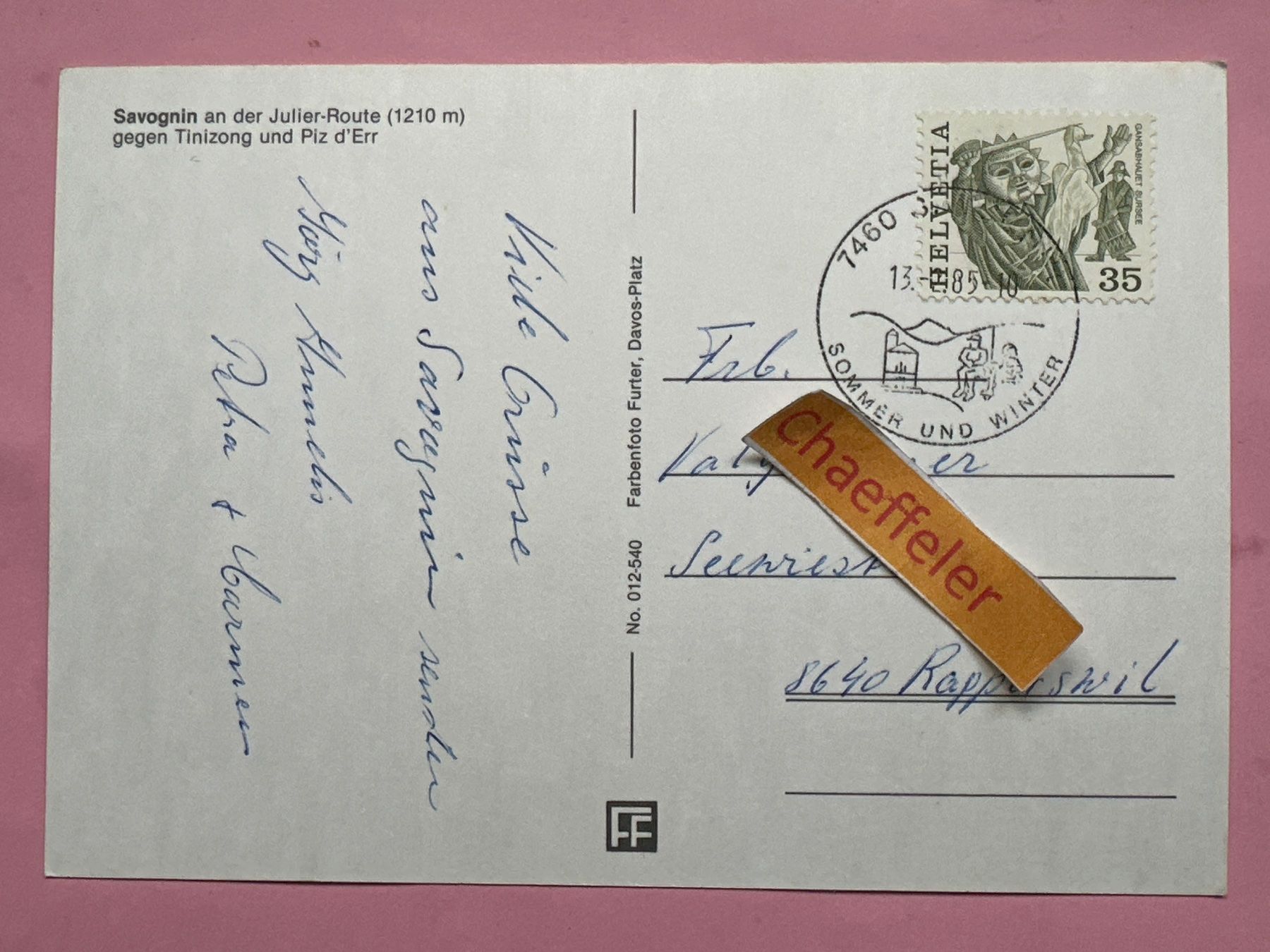 Ansichtskarten: 1985 Savognin – Gebraucht aus Zürich von Chaeffeler 1