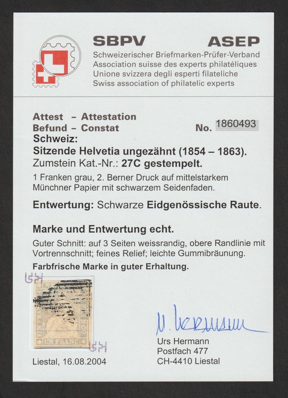 Alle Briefmarken: Strubel 27 C gestempelt / Befund – Gebraucht aus Siebnen von Fstaehli 2