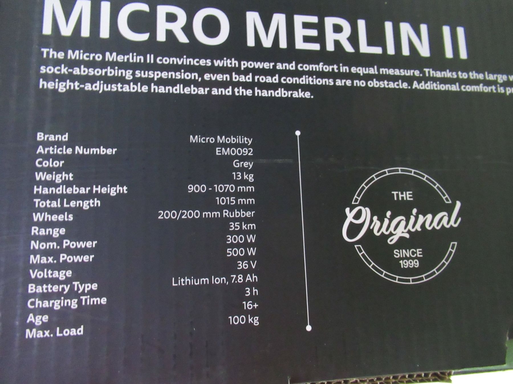 Micro Kickboard: Micro Merlin II Elektroroller Grau Neu und Original Verpackt – Nuovo e nell'imballaggio originale da Horw venduto da wer_hz87 2