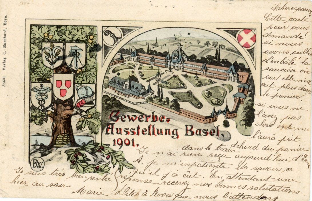 Cartoline postali: Basel BS - Gewerbeausstellung 1901 / Balkenstempel Cortébert – Usato da Brig venduto da Valcards54