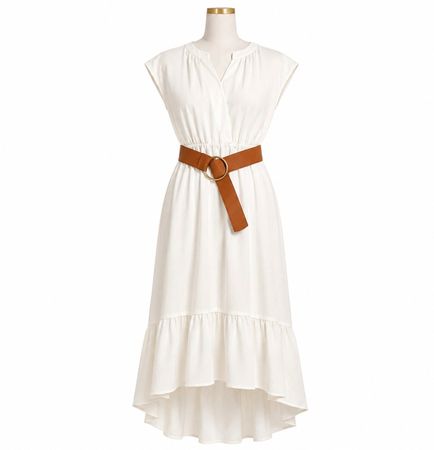 Elegantes weisses Midikleid mit Gürtel | Gr. S