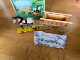 Holz Spielzeug, Fuhrwerk mit Pferd (Rössli) und Planwagen