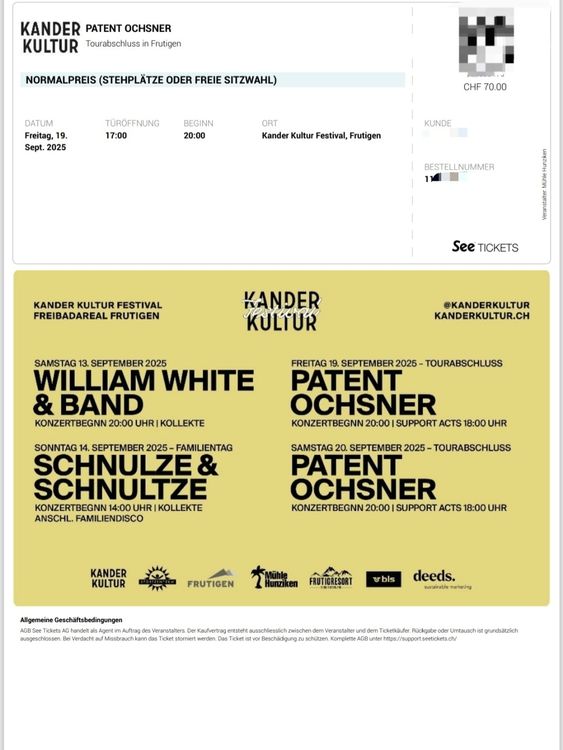 Patent Ochsner 2 Tickets, Kander Kultur Frutigen (1/2) (Neu und ...